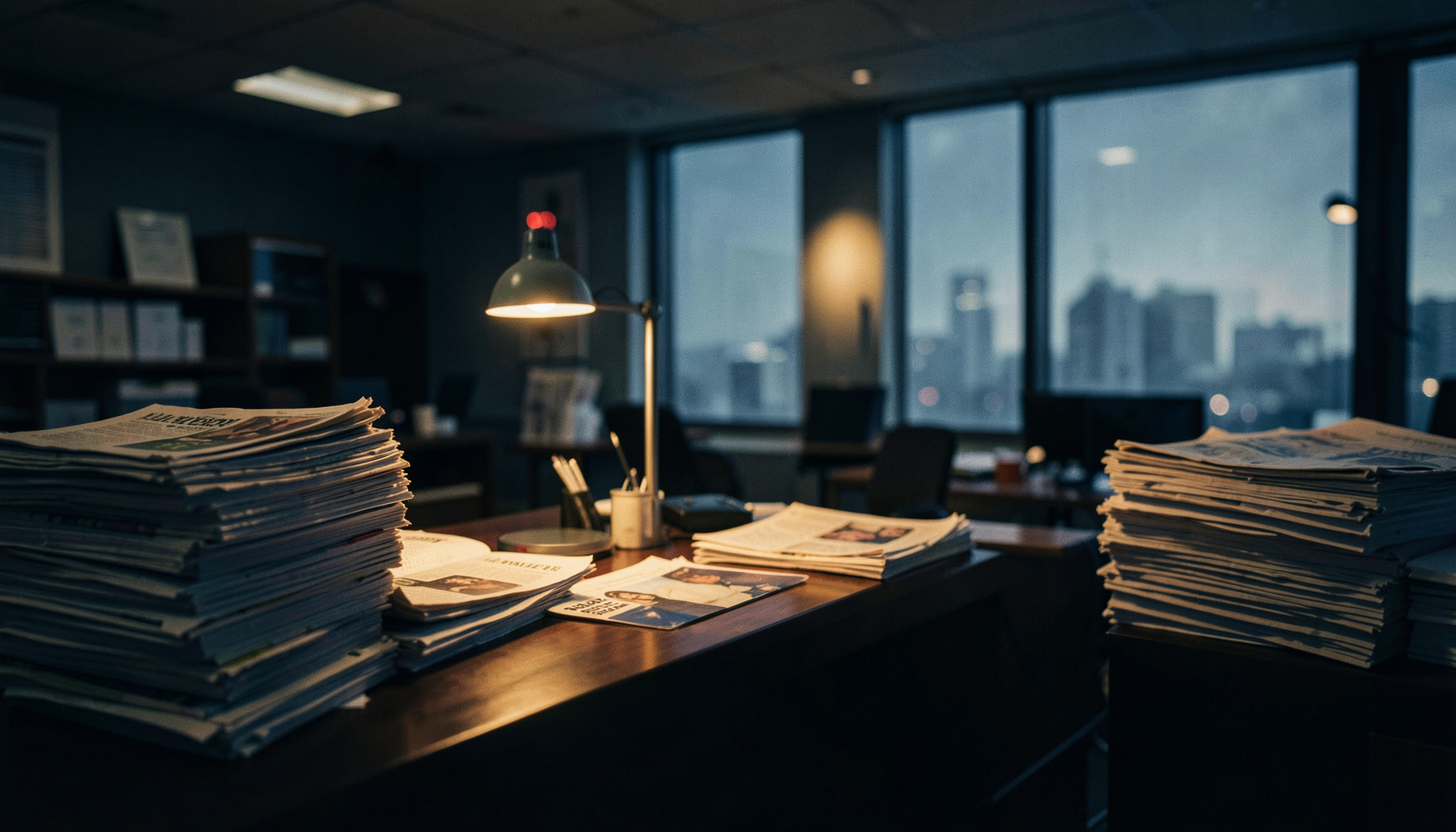A wide newsroom scene with stacks of newspapers and a muted desk lamp glow, deep navy and warm amber tones, contemplative atmosphere