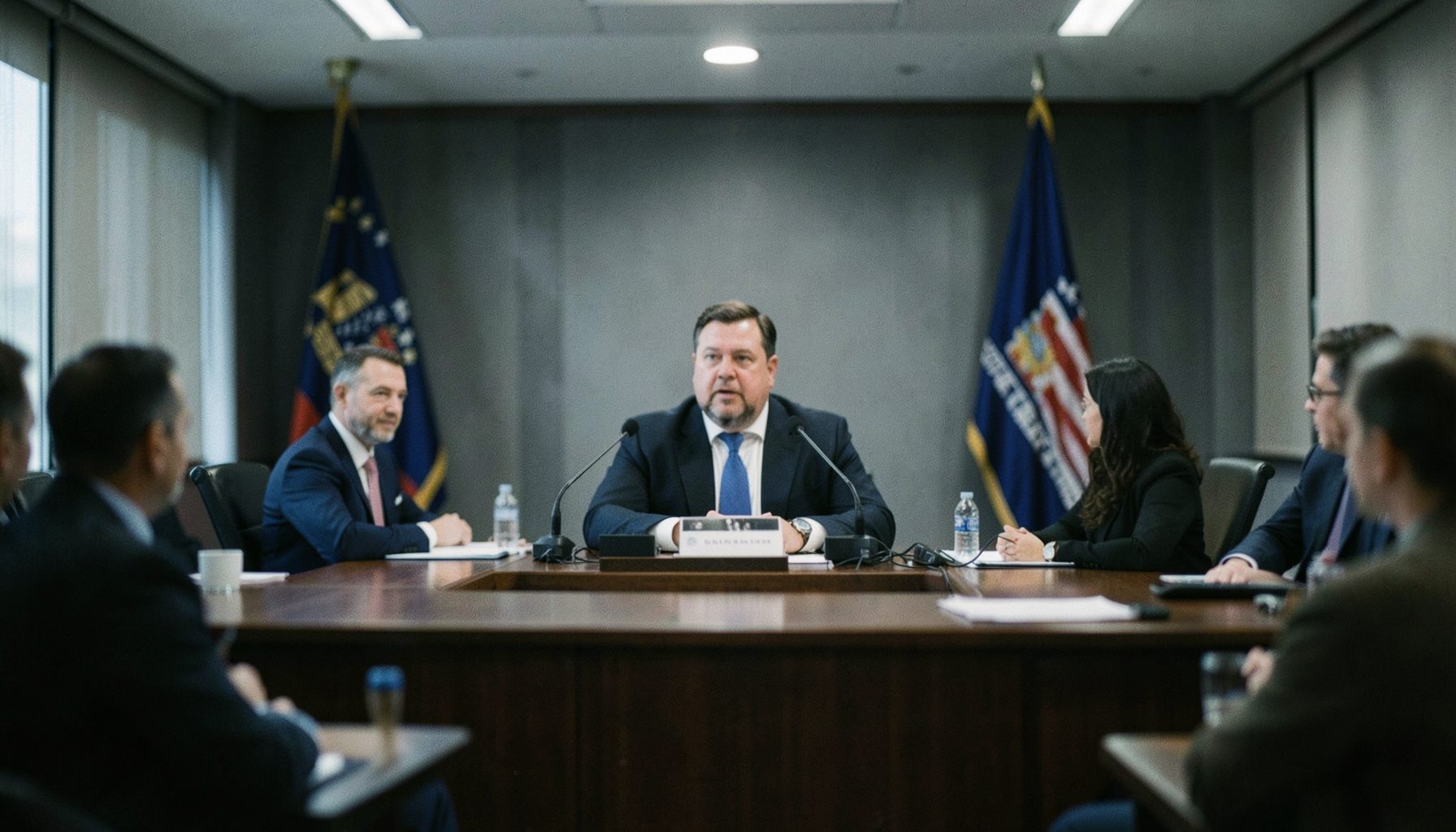 A wide cinematic frame of a press briefing room with flags in soft focus, muted navy and gray tones.