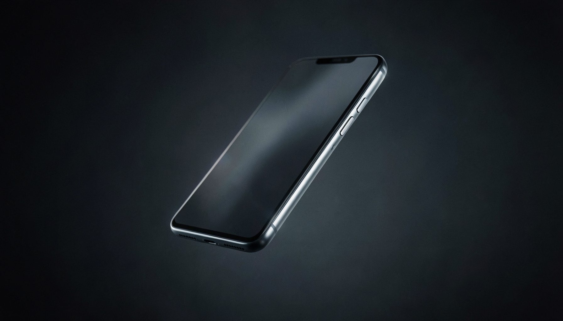 Sleek modern smartphone floating against a dark gradient background with subtle light reflections, cool silver and charcoal tones