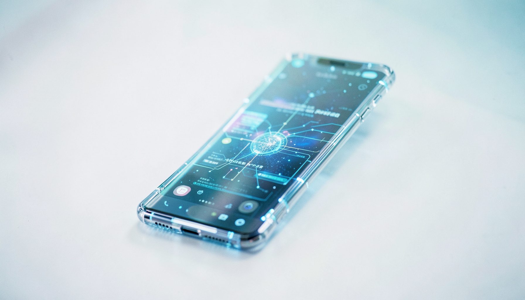 Futuristic transparent smartphone concept with holographic display elements, set against a clean white and pale-blue backdrop