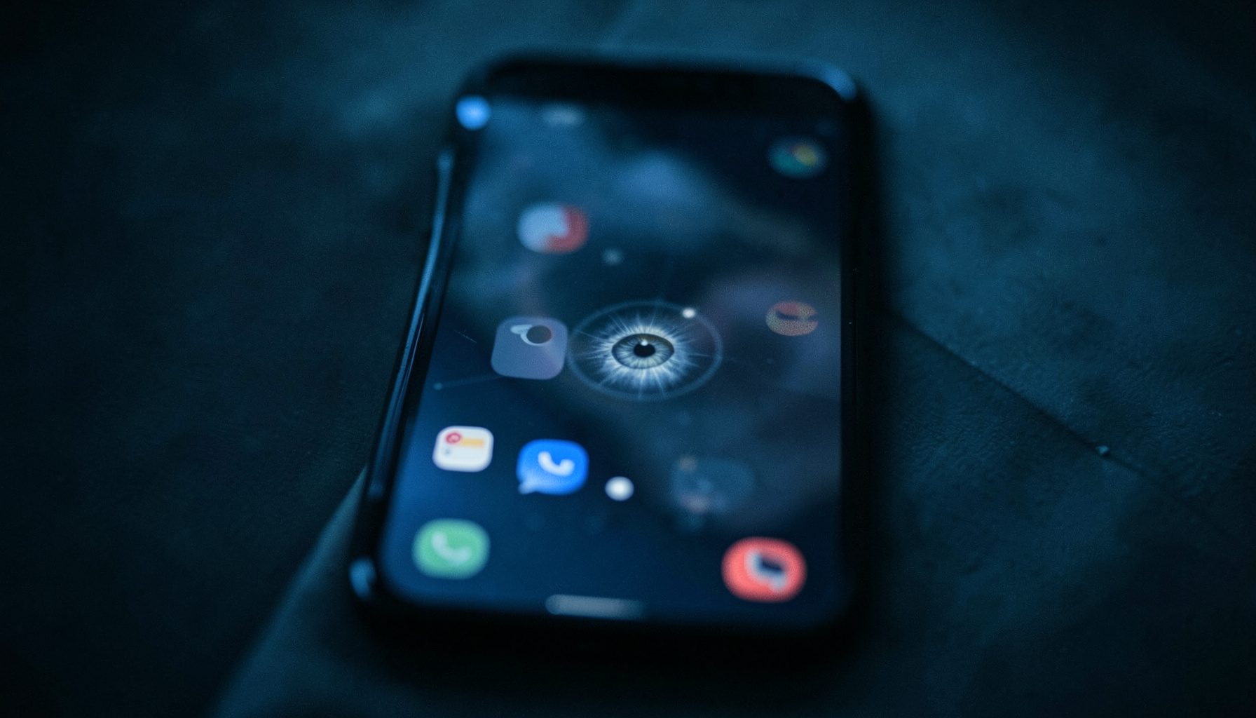 Smartphone screen displaying social media icons with a subtle surveillance-eye reflection, moody dark blue and shadow tones