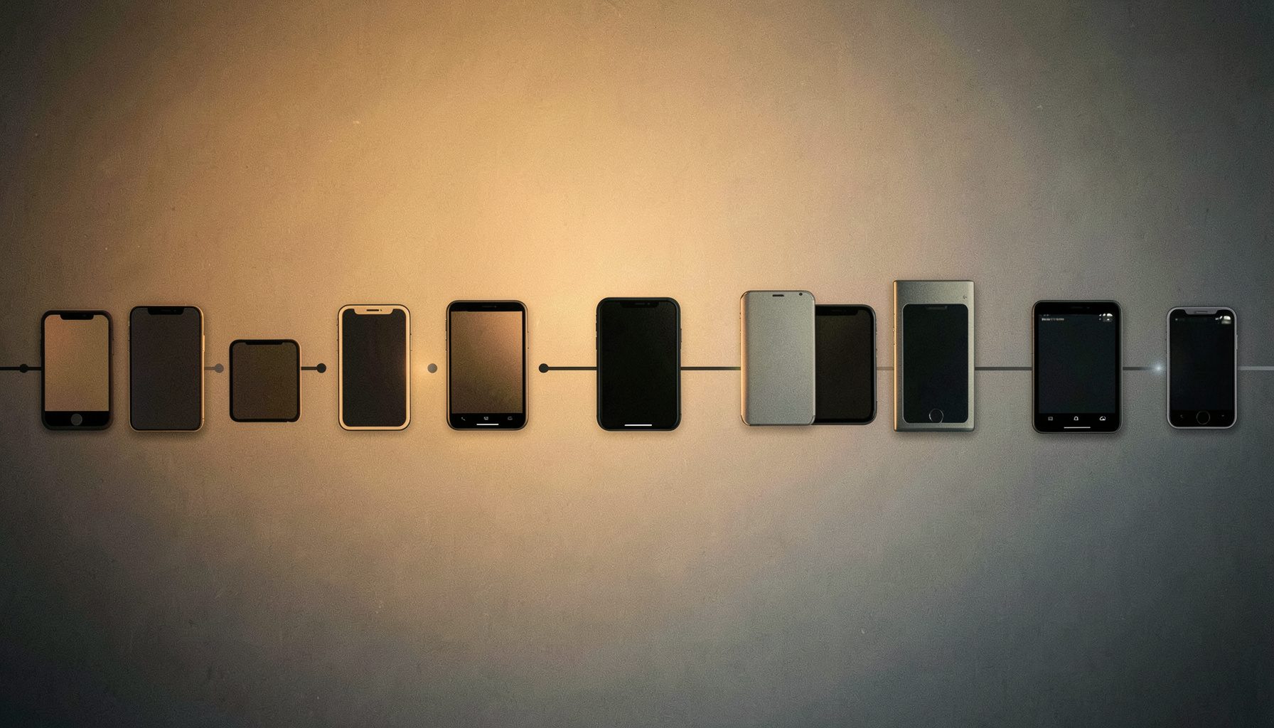 Timeline-style arrangement of smartphone silhouettes evolving from simple to advanced forms, warm amber and slate-gray gradient background