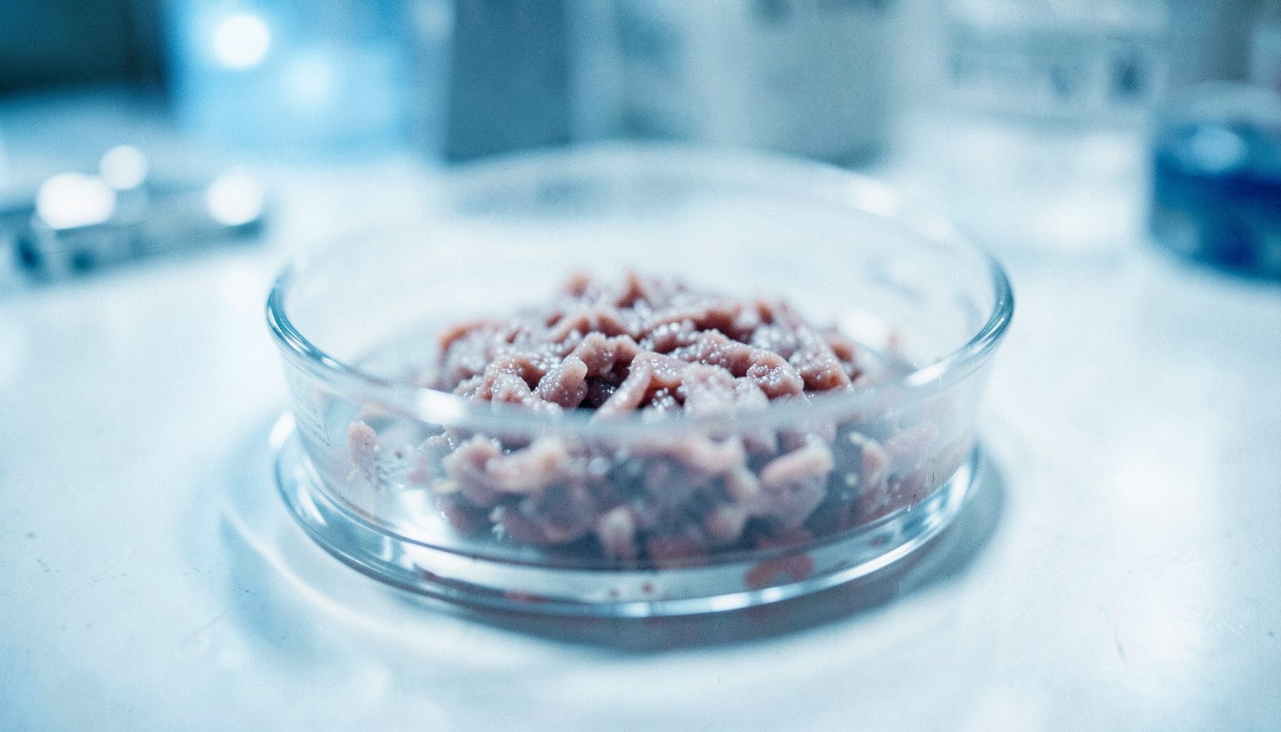 Laboratory petri dish with cultured tissue sample under soft blue-white lighting, clean scientific atmosphere with shallow depth of field