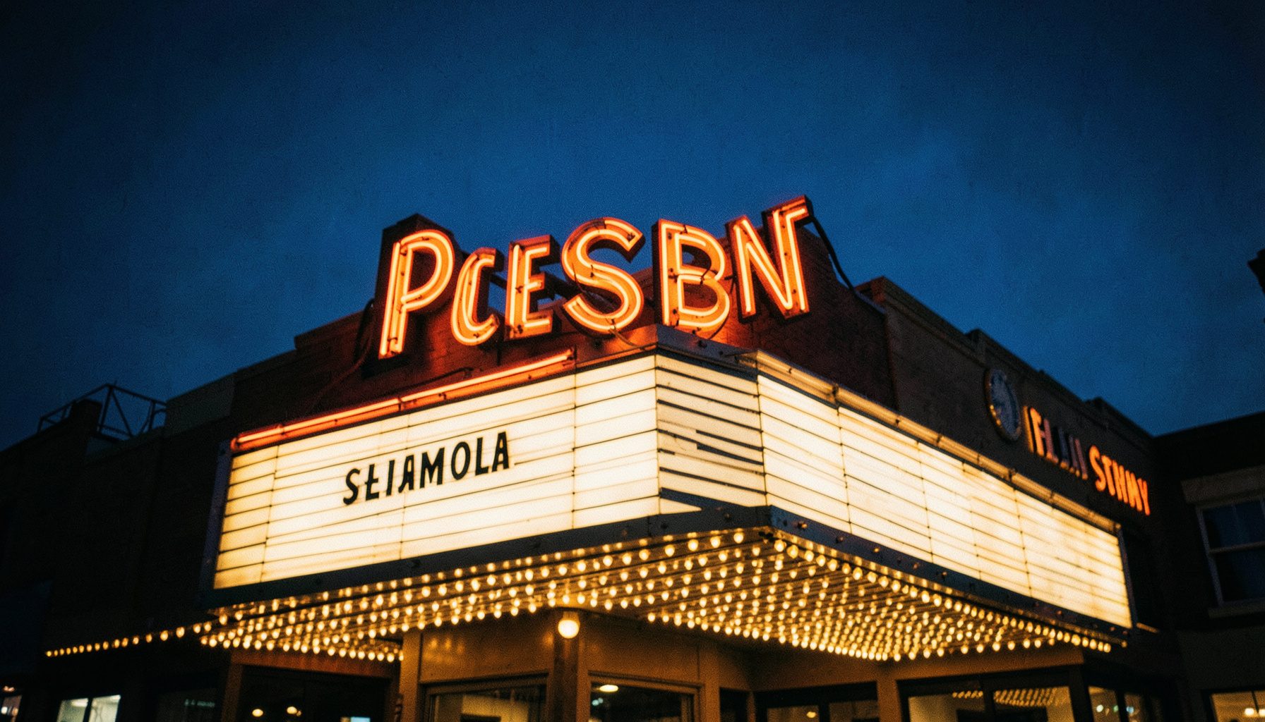 Movie theater marquee at dusk with warm neon glow, deep blue sky and amber lights, cinematic atmosphere