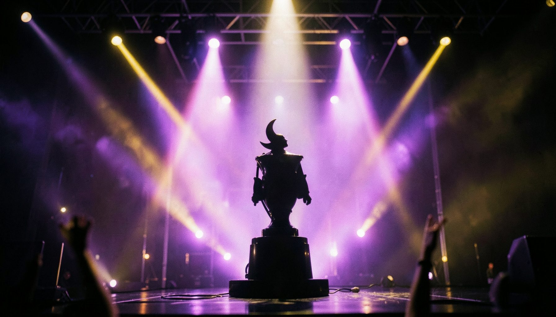Stage with bright spotlights and a moonman trophy silhouette, electric purple and gold lighting, awards-show energy