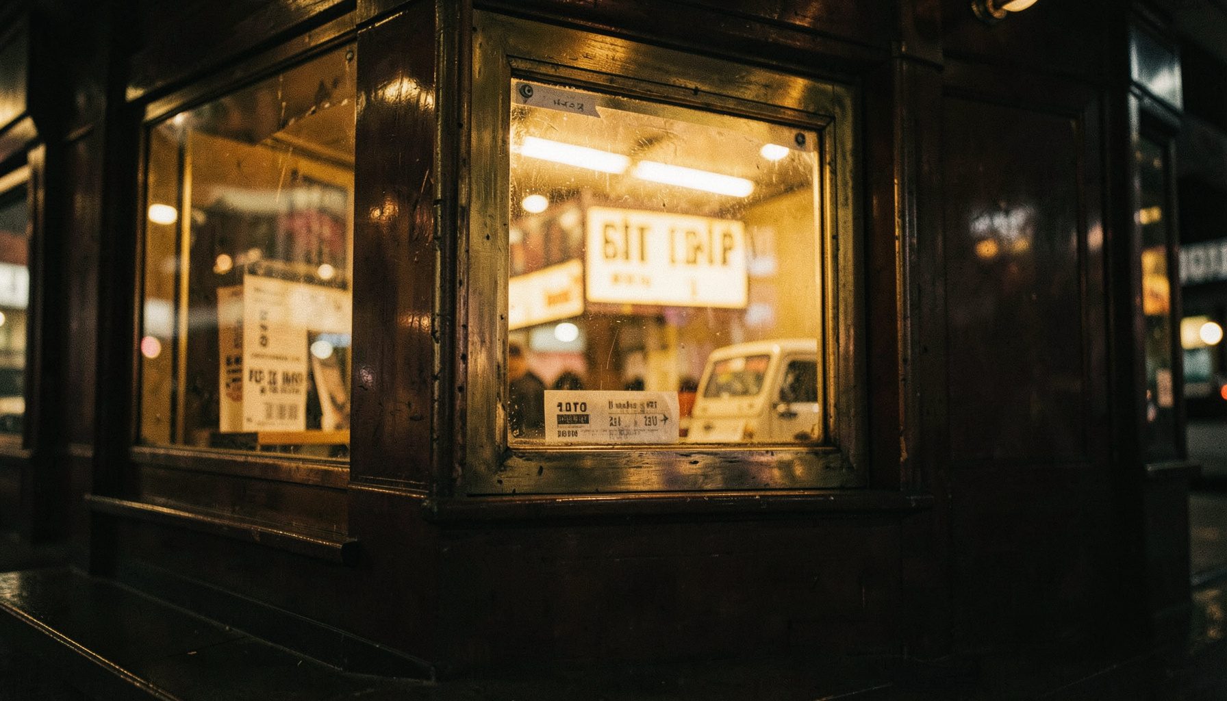 Vintage box office ticket window with glowing amber light, nostalgic cinema tones of brass and dark wood