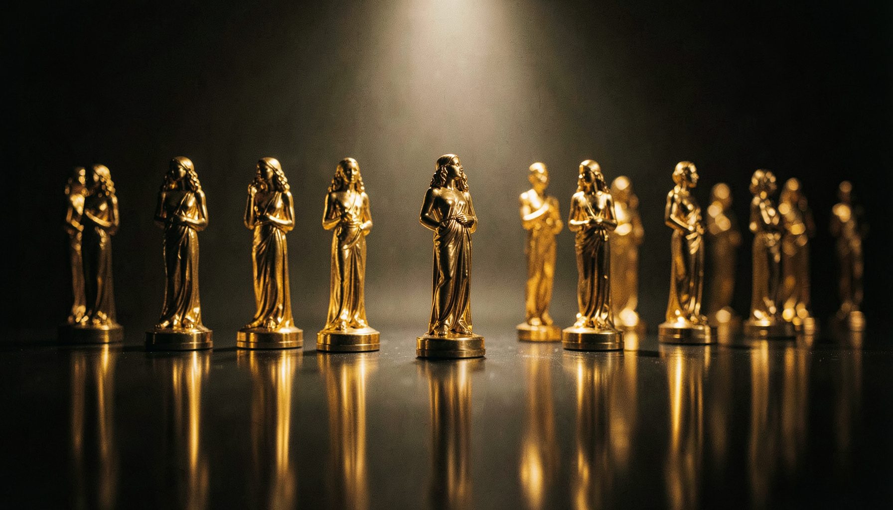 Row of golden statuettes on a reflective surface under soft spotlight, warm metallic gold and deep shadow tones