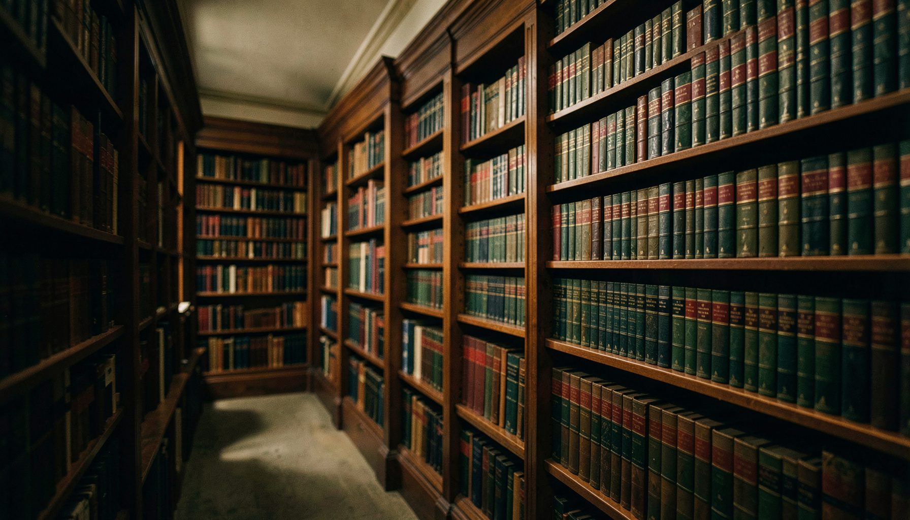 A softly lit law library with rows of leather-bound books in deep brown and forest green tones, warm ambient light casting gentle shadows across the shelves