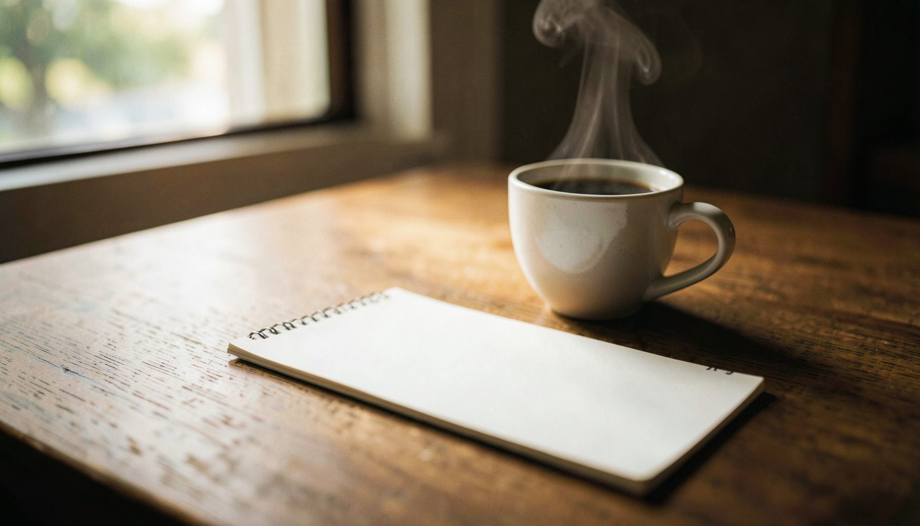 A warmly lit wooden desk with a pen resting on a blank notepad beside a steaming cup of coffee, soft natural light filtering through a nearby window, calm and inviting atmosphere
